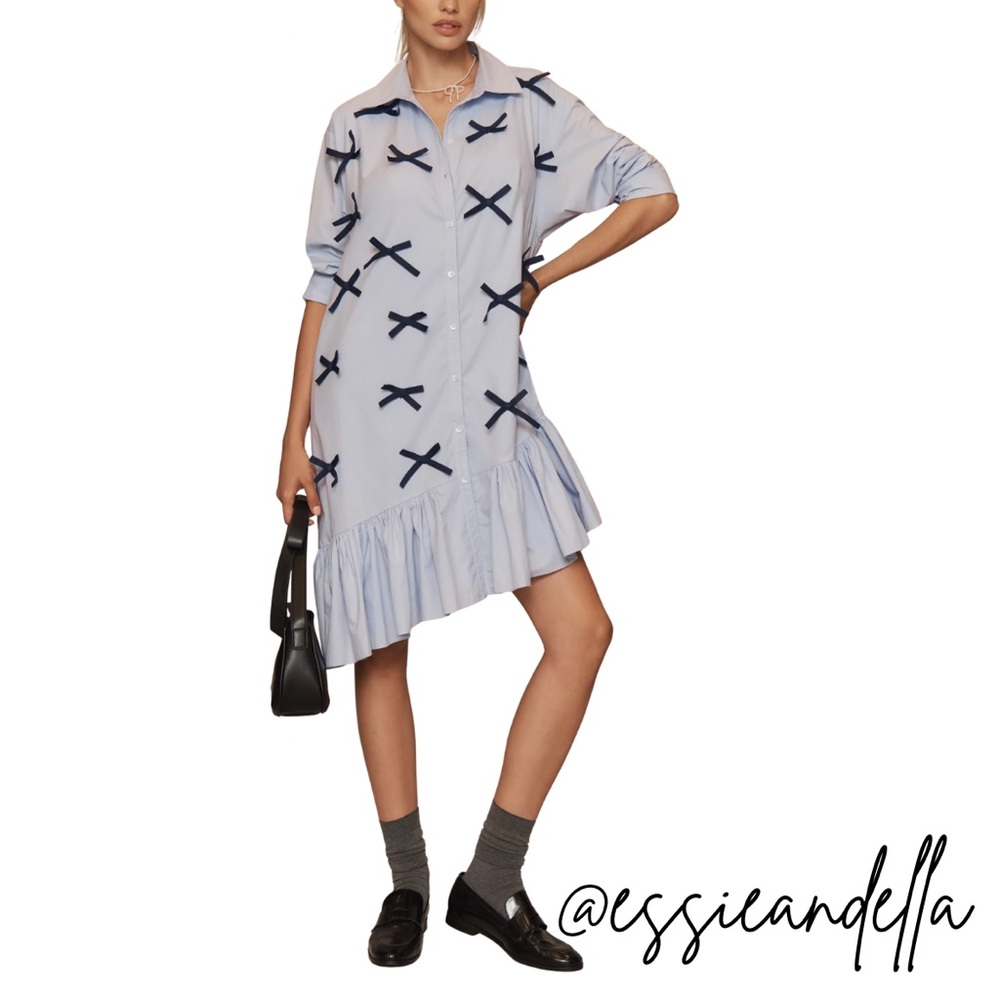 Maeve Light Blue Shirt Dress with Navy Bow Accents
